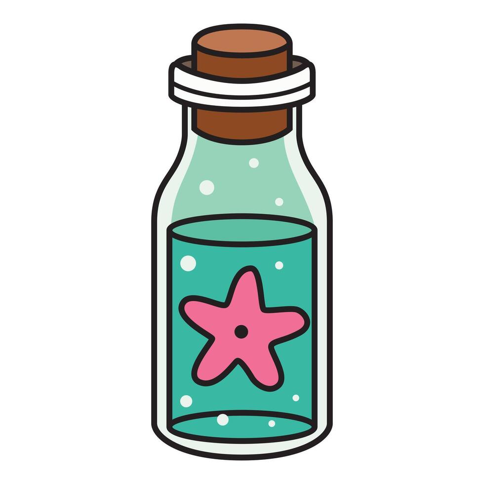 A high-quality illustration of a small glass bottle containing a glowing star. vector