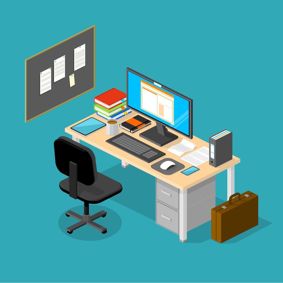 Illustration of an Isometric desk with office furniture equipment business finance concept - Color Icon vector
