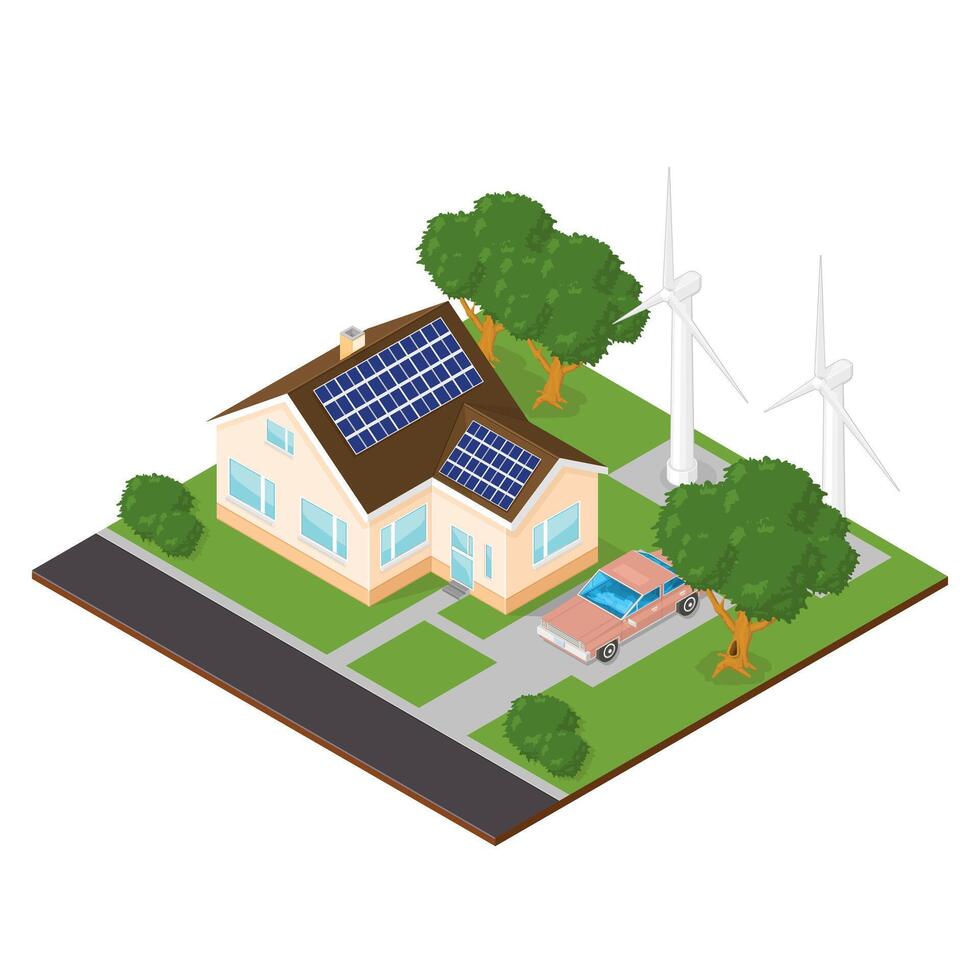 Isometric Eco Home Residence with renewable energy Solar And Wind - Icon Illustration vector