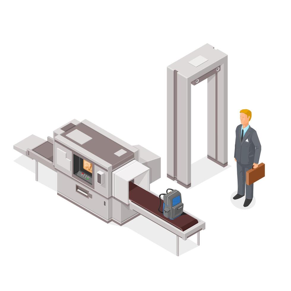 Male Passenger at Airport Security Checkout Scanner Machine - Isometric Icon Color vector
