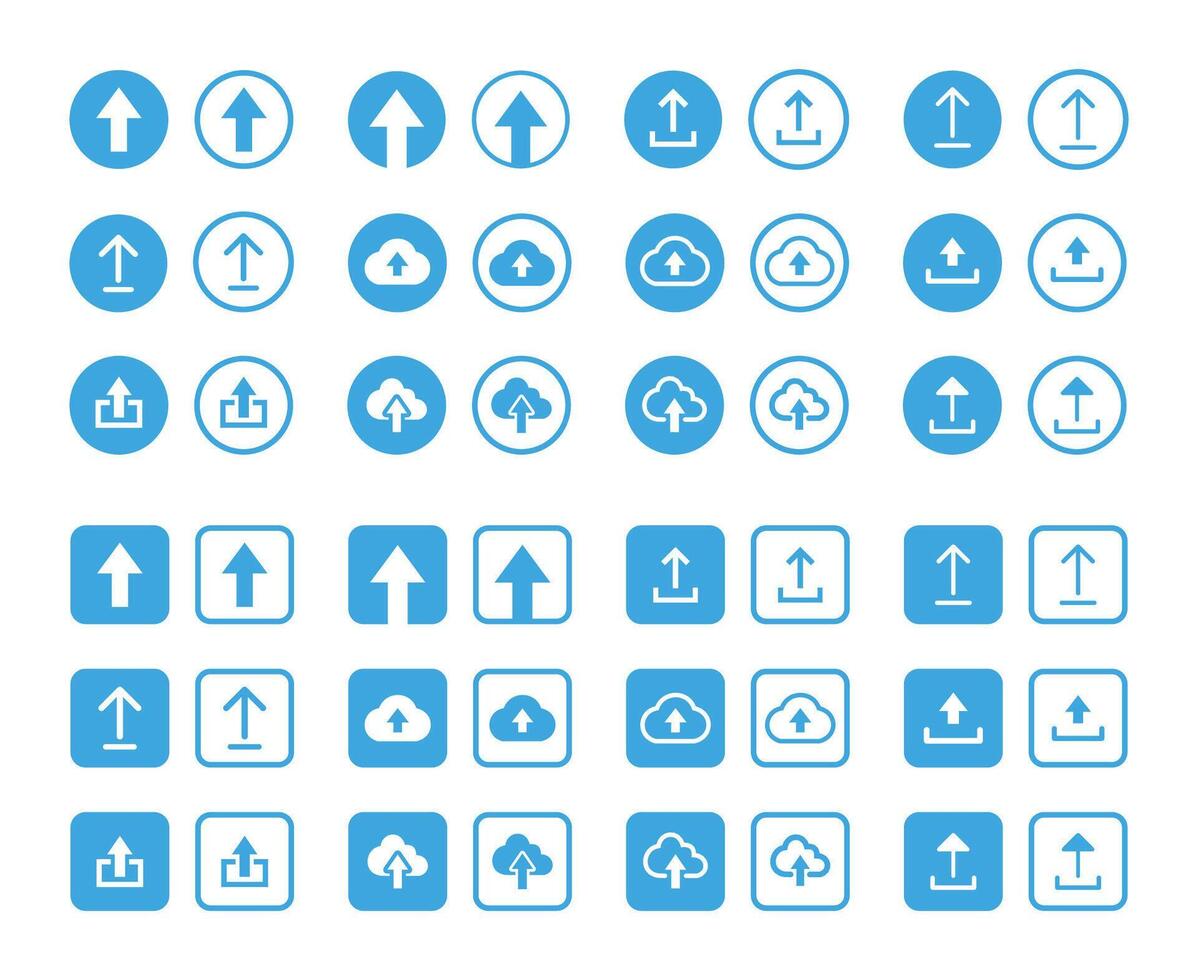 Blue Round and Square Upload Arrow Icons Set vector