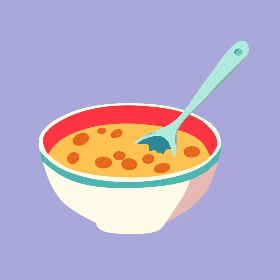 Bright illustration of a colorful cereal bowl with a spoon, symbolizing a fun and healthy breakfast. Perfect for food related concepts, childrens themes, or nutrition content vector