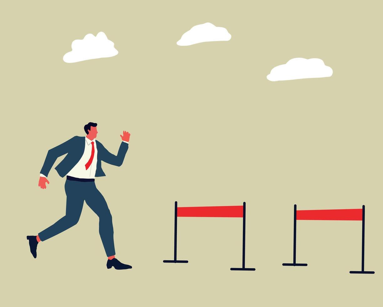A focused businessman running toward hurdles, representing overcoming business challenges, persistence, and determination in achieving goals vector