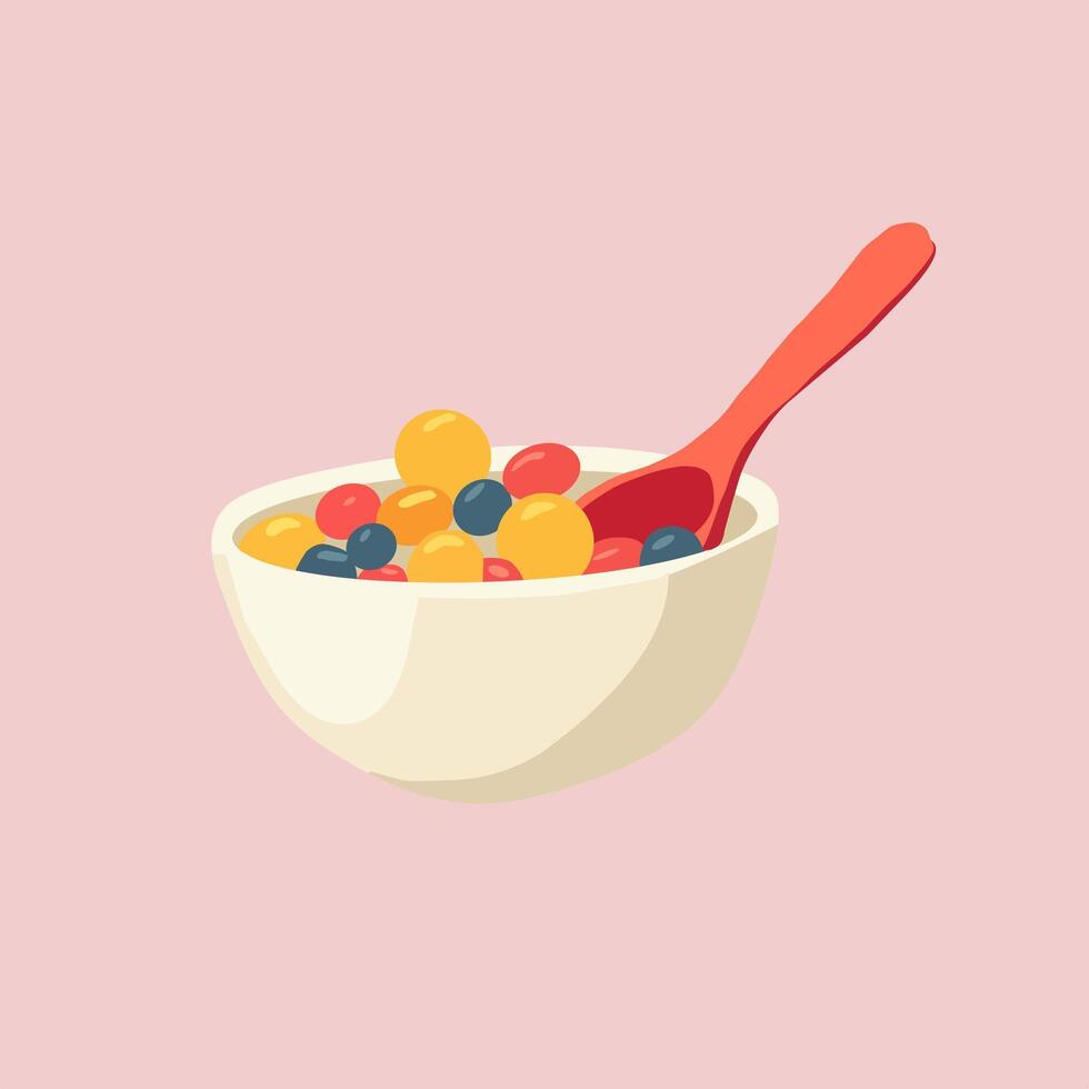 Playful illustration of a bowl filled with vibrant cereal balls and a red spoon, ideal for breakfast promotions, health concepts, or vibrant design themes vector