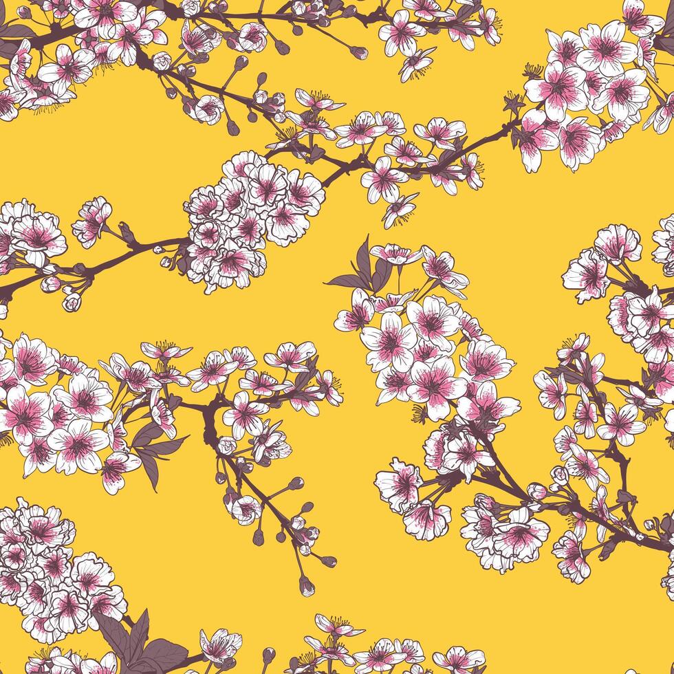 hand drawn line art cherry blossoms. Seamless pattern of cherry flowers painted on an yellow background. Suitable for the design of wallpaper, wrapping paper, posters, prints, fabrics, apparel. vector