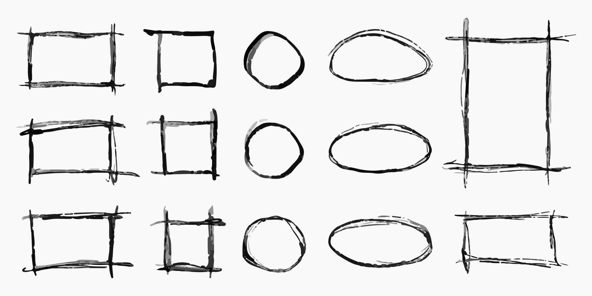 Black charcoal frames, sketched empty borders for texts and images, freehand graphic design elements. illustration. vector