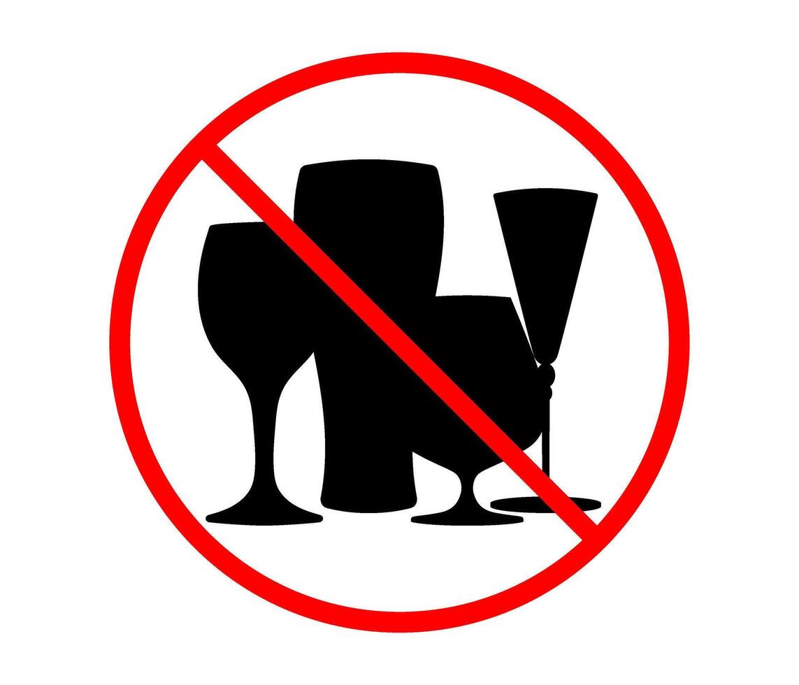 Prohibited alcohol consumption signs. glasses with red prohibition circle, symbolizing no drinking allowed vector
