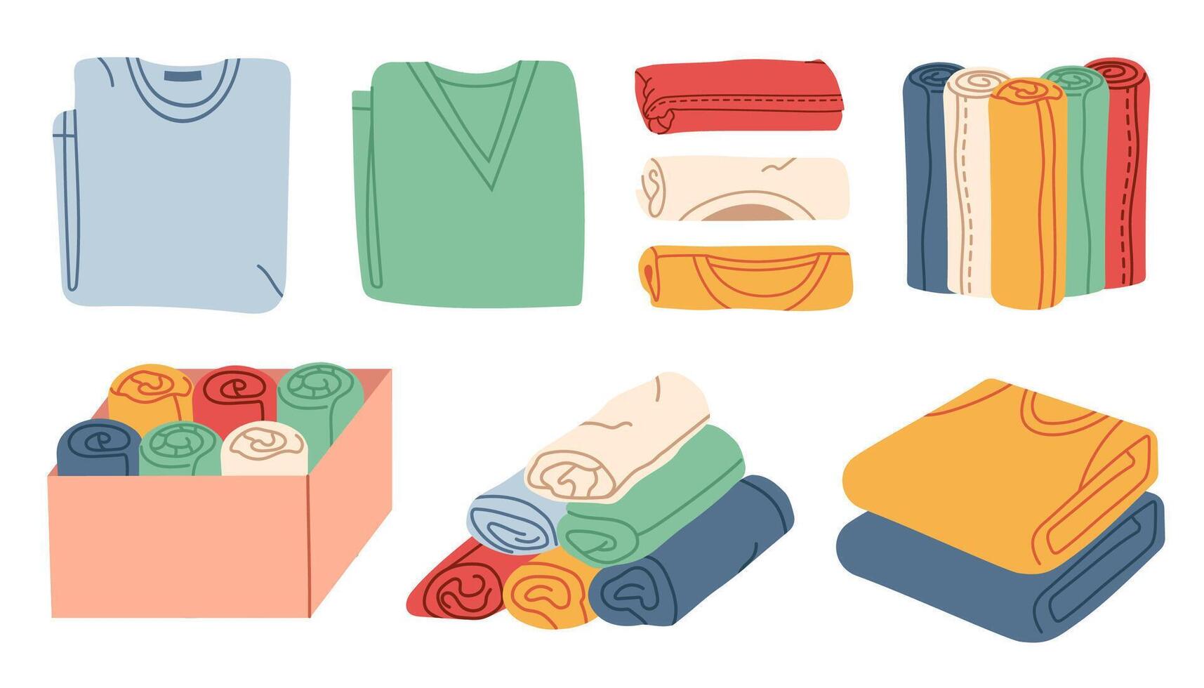 Big set of basic rolled up and folded t-shirts. Casual clothes for upper body. vector
