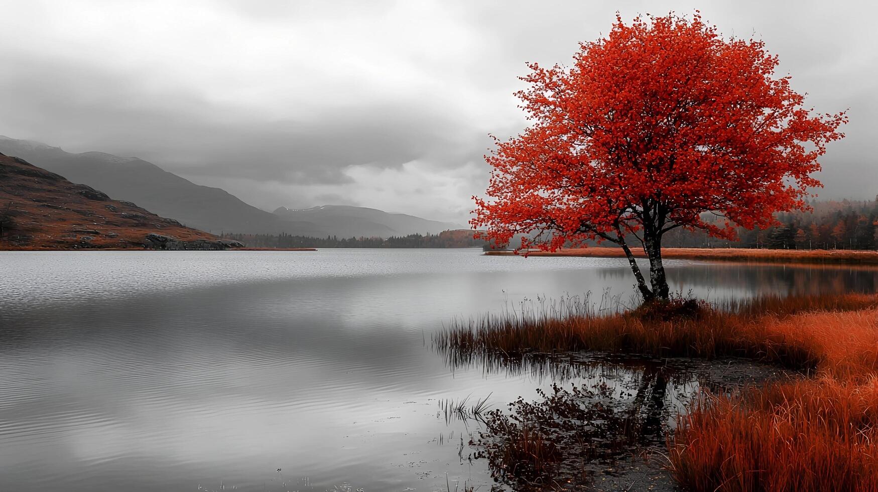 Autumn Landscape Red Tree Lake Mountains Serenity Nature Scene Sky Fall View Water Image Colors photo