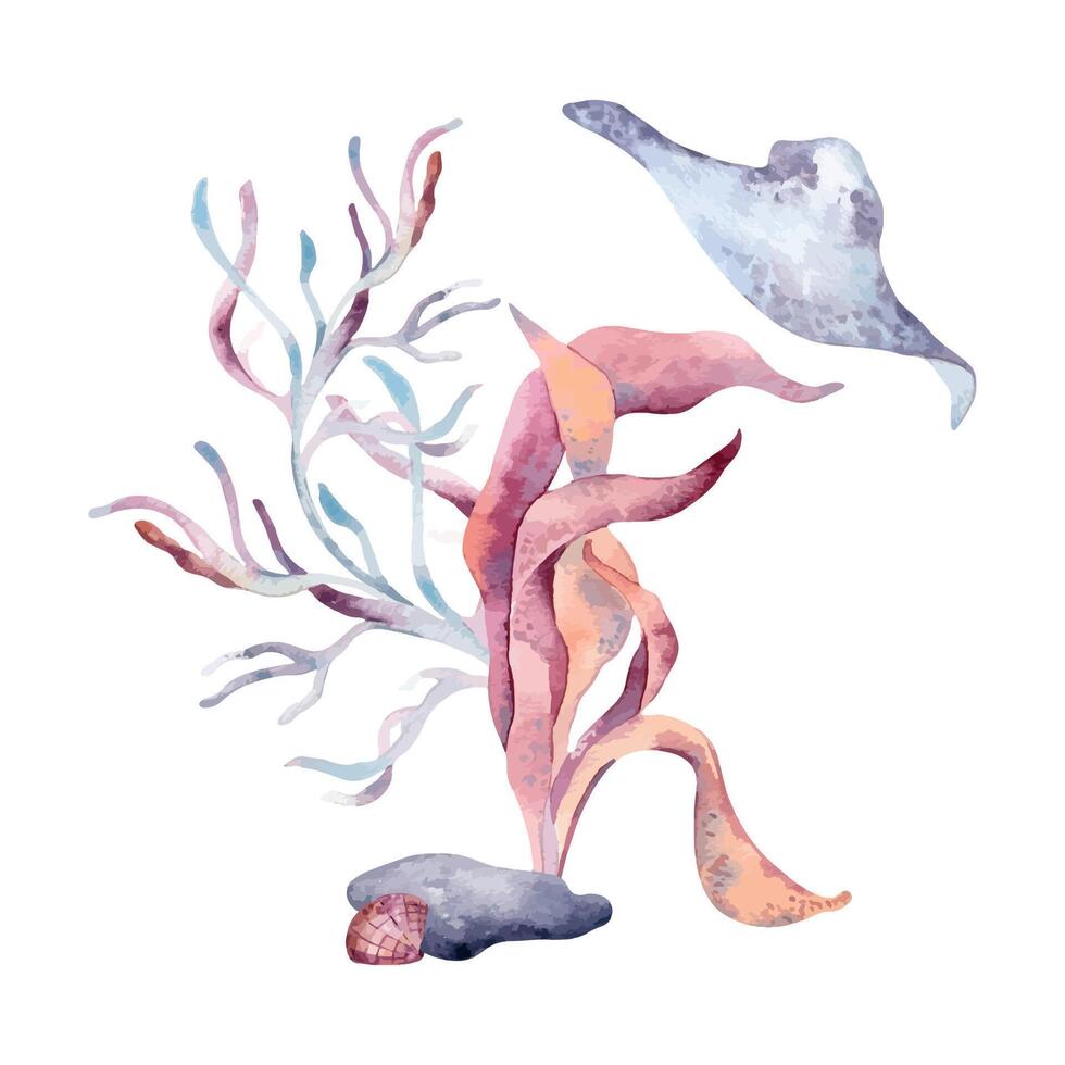 Marine nature illustration as a seaweeds and stingray fish in watercolor. Underwater world with sea animals and fantasy plants hand drawn in blue and soft orange. Marine design. Summer nautical print vector