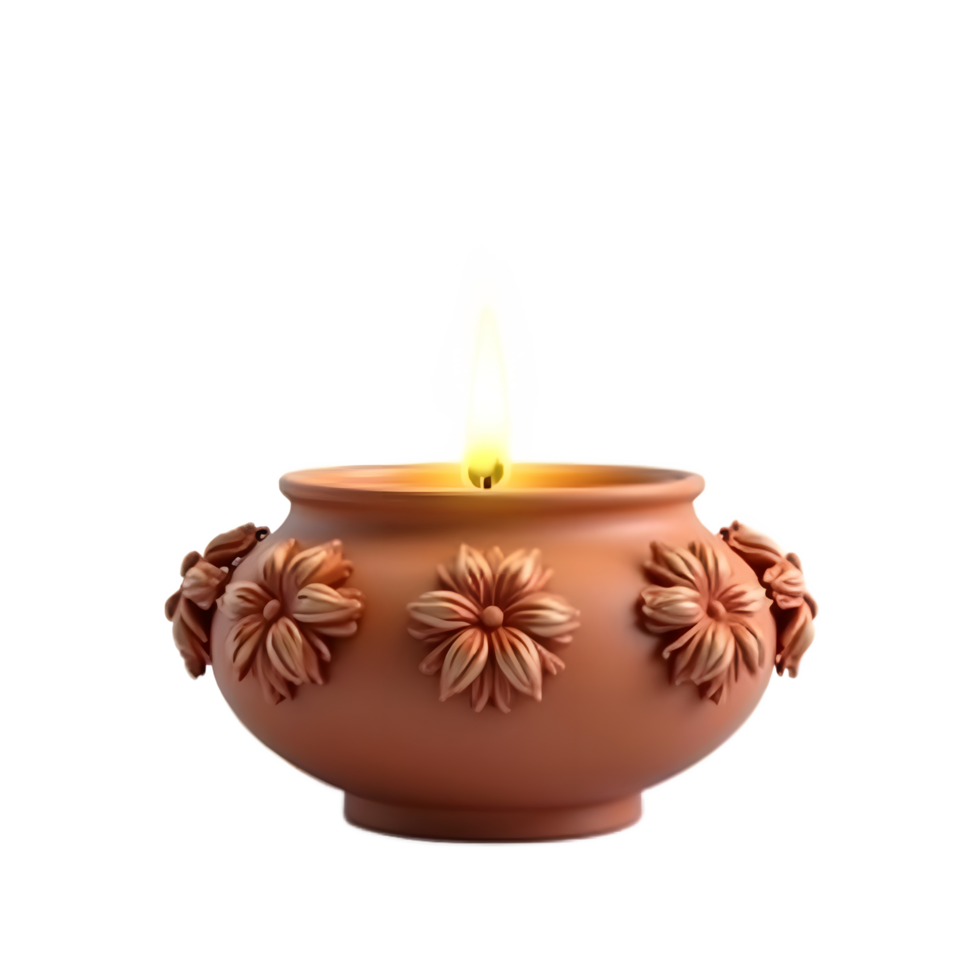 Ornate Clay Candle Pot with Burning Flame png