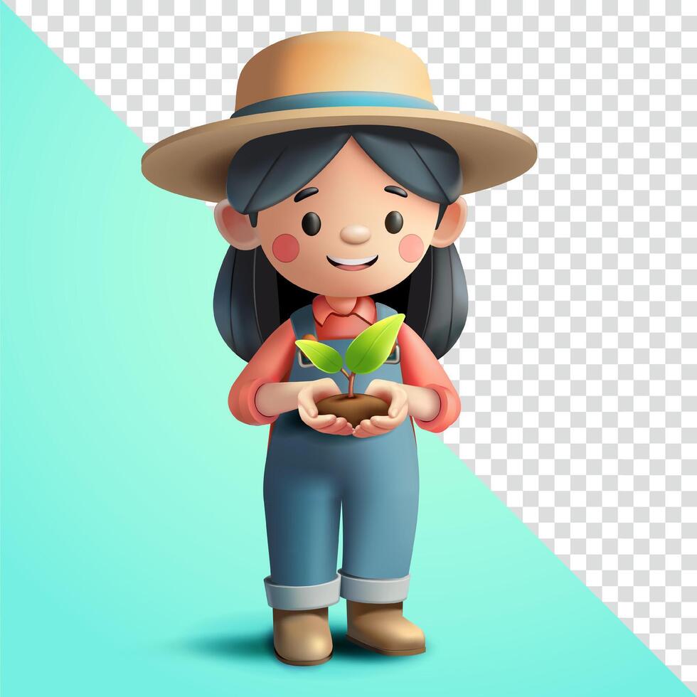 Woman Farmer holding small garden seeds, 3d. Suitable for plantations, livestock and agriculture vector