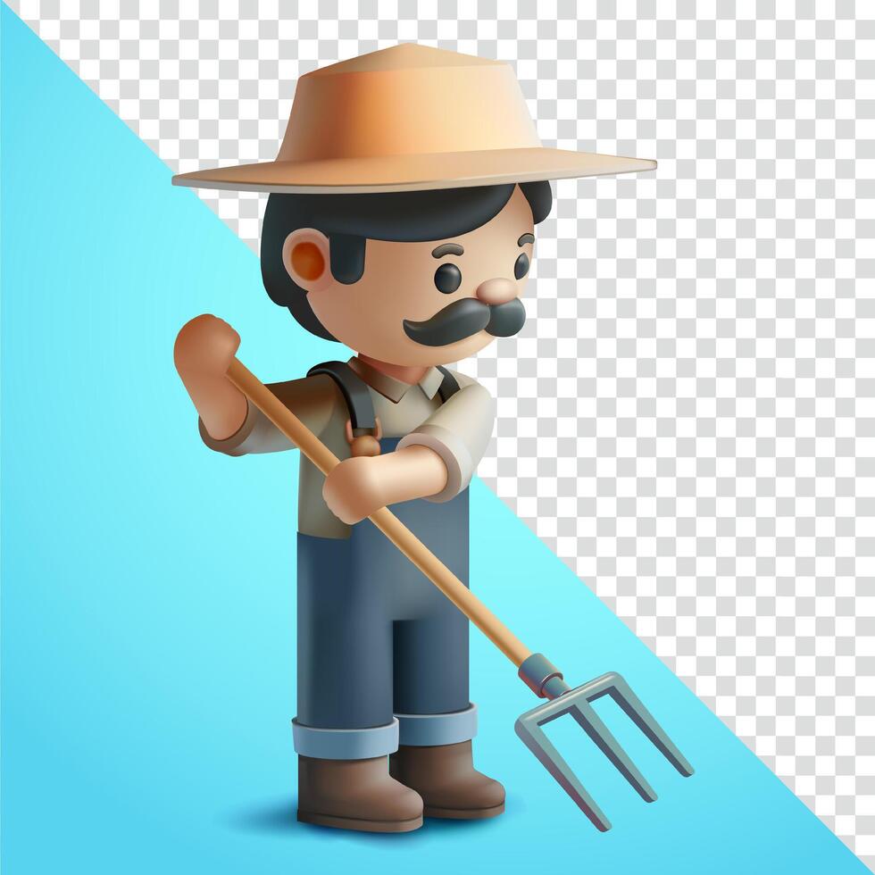 Farmer using garden soil fork, 3d. Suitable for plantations, livestock and agriculture vector
