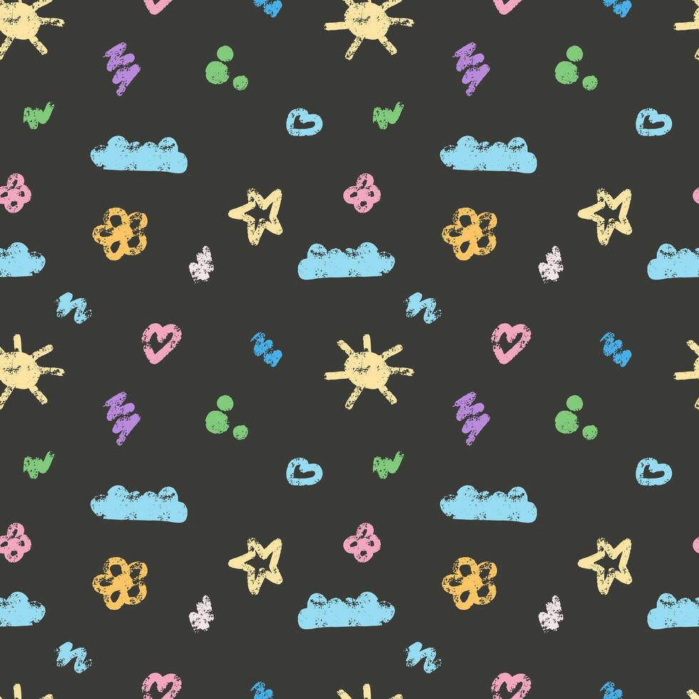 Kids crayon seamless pattern with clouds, sun, star, hearts, butterfly and flowers on dark background vector