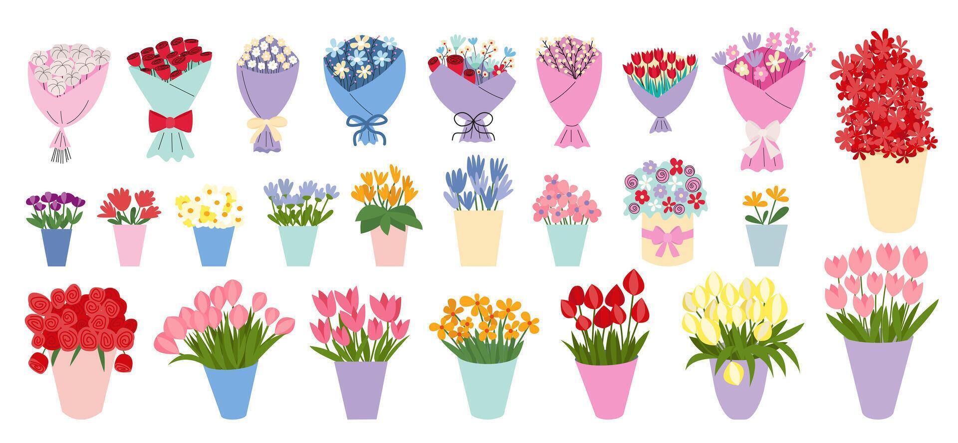 Different kinds of flowers bouquets in vases and flowers in paper set. flowers bouquets for flower shop flat illustration vector