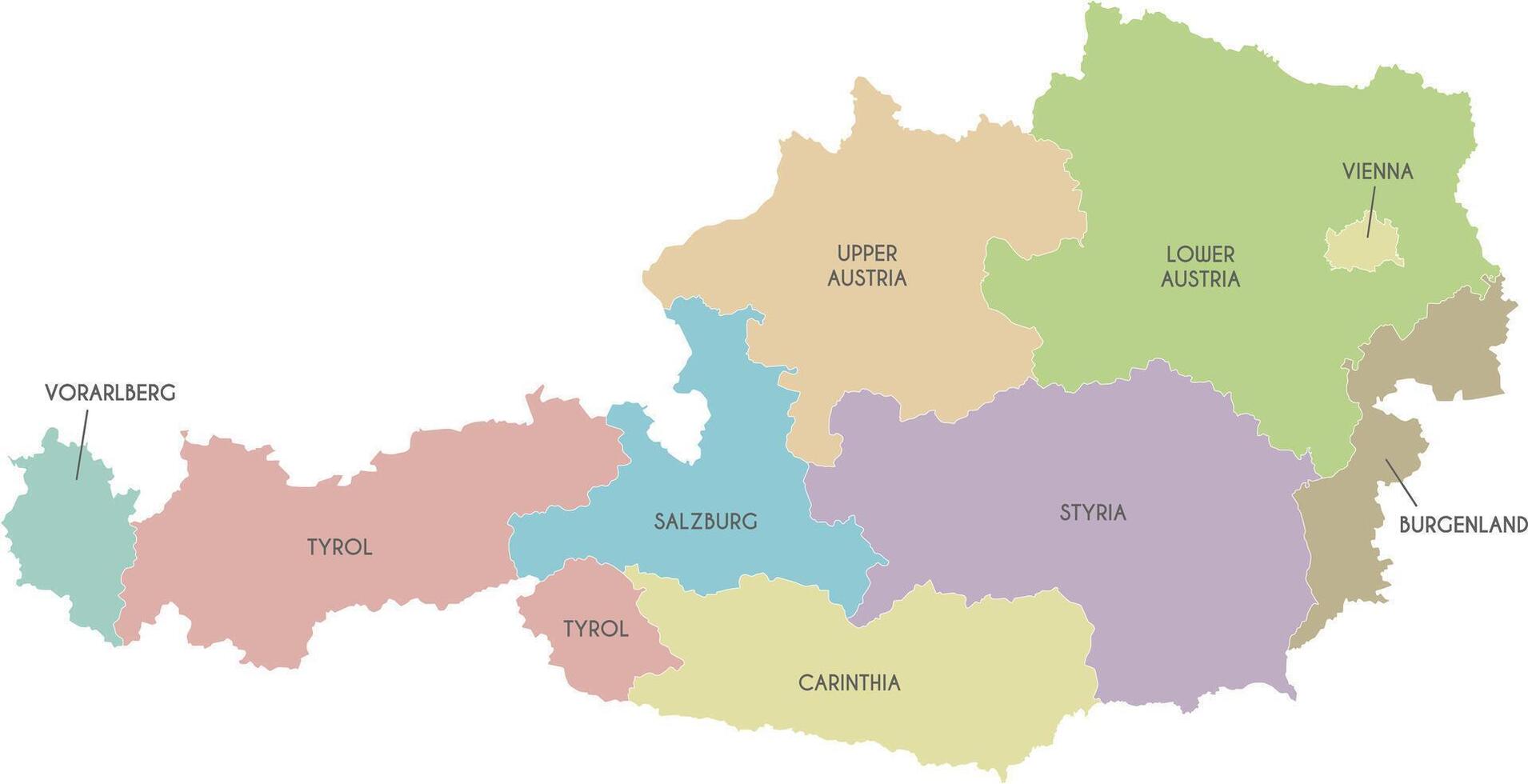 regional map of Austria with federal states or territories and administrative divisions. Editable and clearly labeled layers. vector