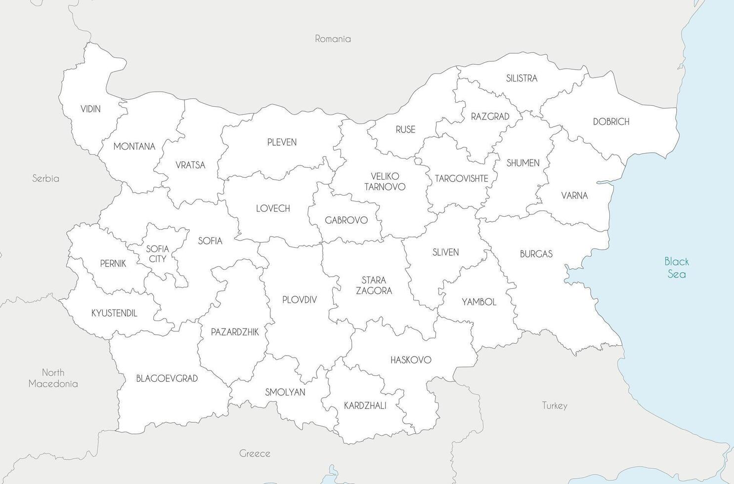 regional map of Bulgaria with provinces and administrative divisions, and neighbouring countries and territories. Editable and clearly labeled layers. vector