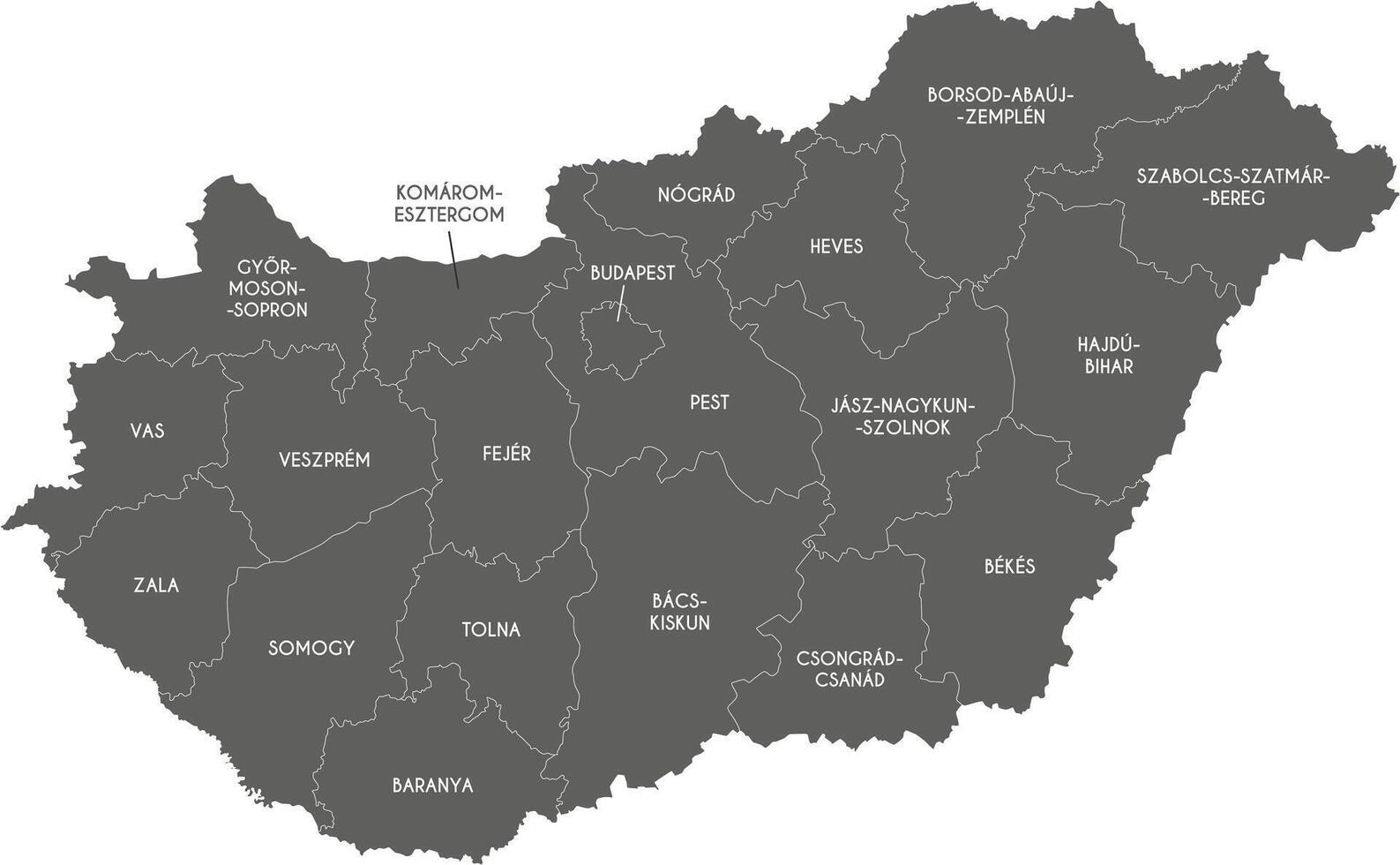 regional black and white map of Hungary with counties or territories and administrative divisions. Editable and clearly labeled layers. vector