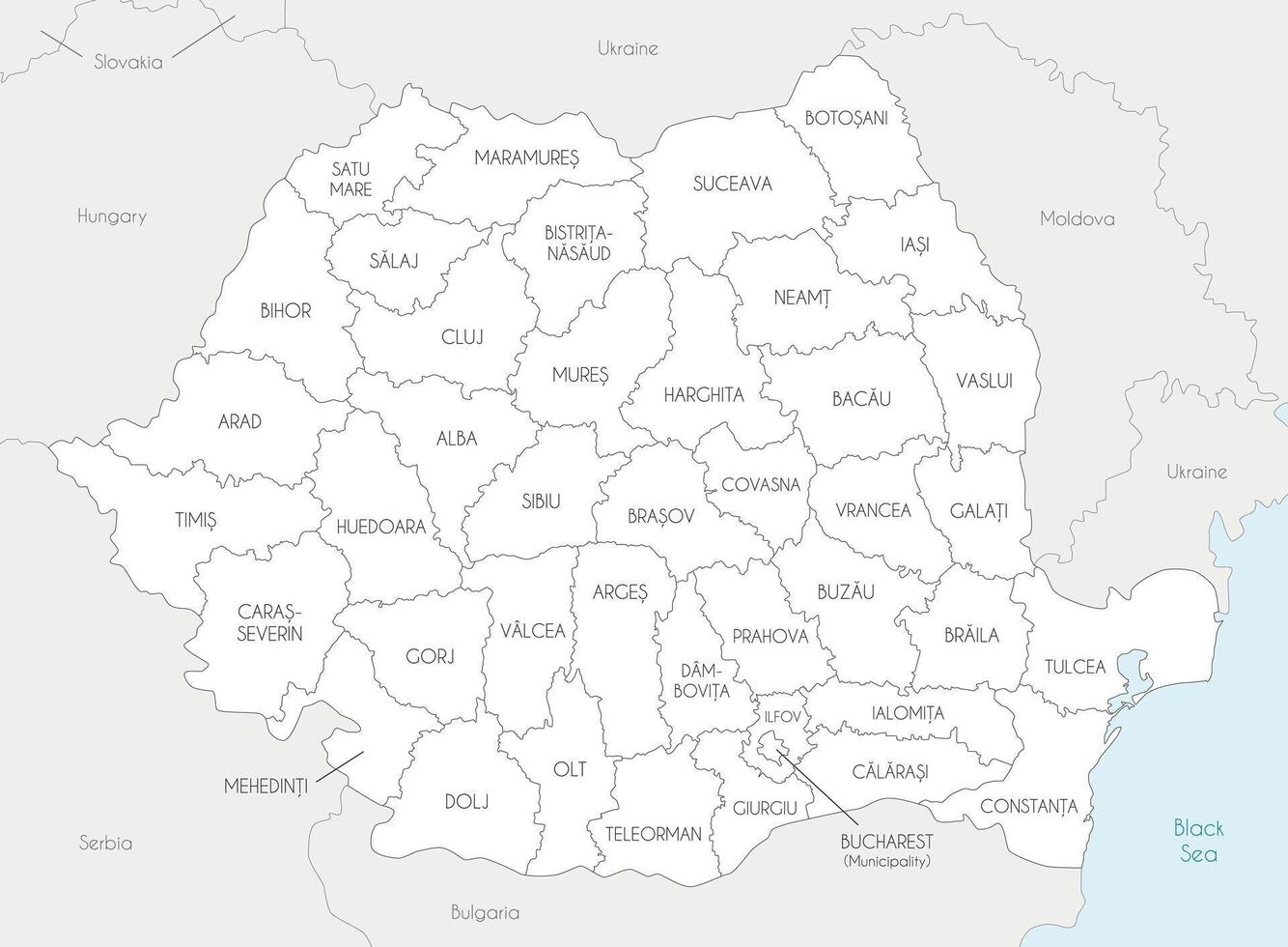 regional map of Romania with counties and administrative divisions, and neighbouring countries and territories. Editable and clearly labeled layers. vector