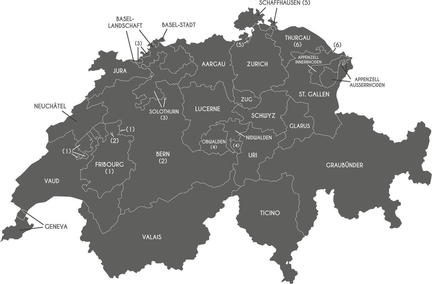 regional map of Switzerland with cantons or territories and administrative divisions. Editable and clearly labeled layers. vector