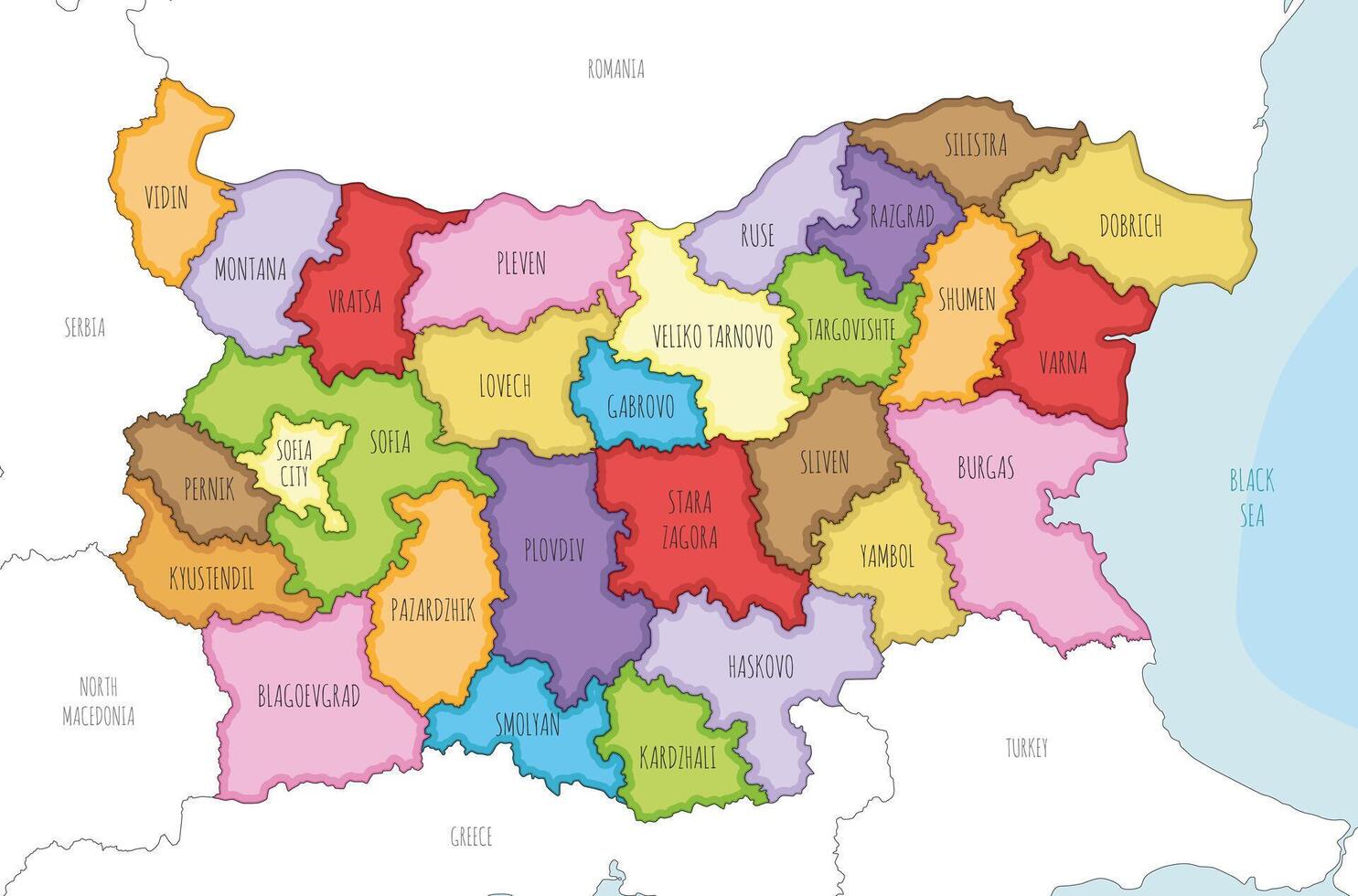 illustrated regional map of Bulgaria with provinces and administrative divisions, and neighbouring countries and territories. Editable and clearly labeled layers. vector