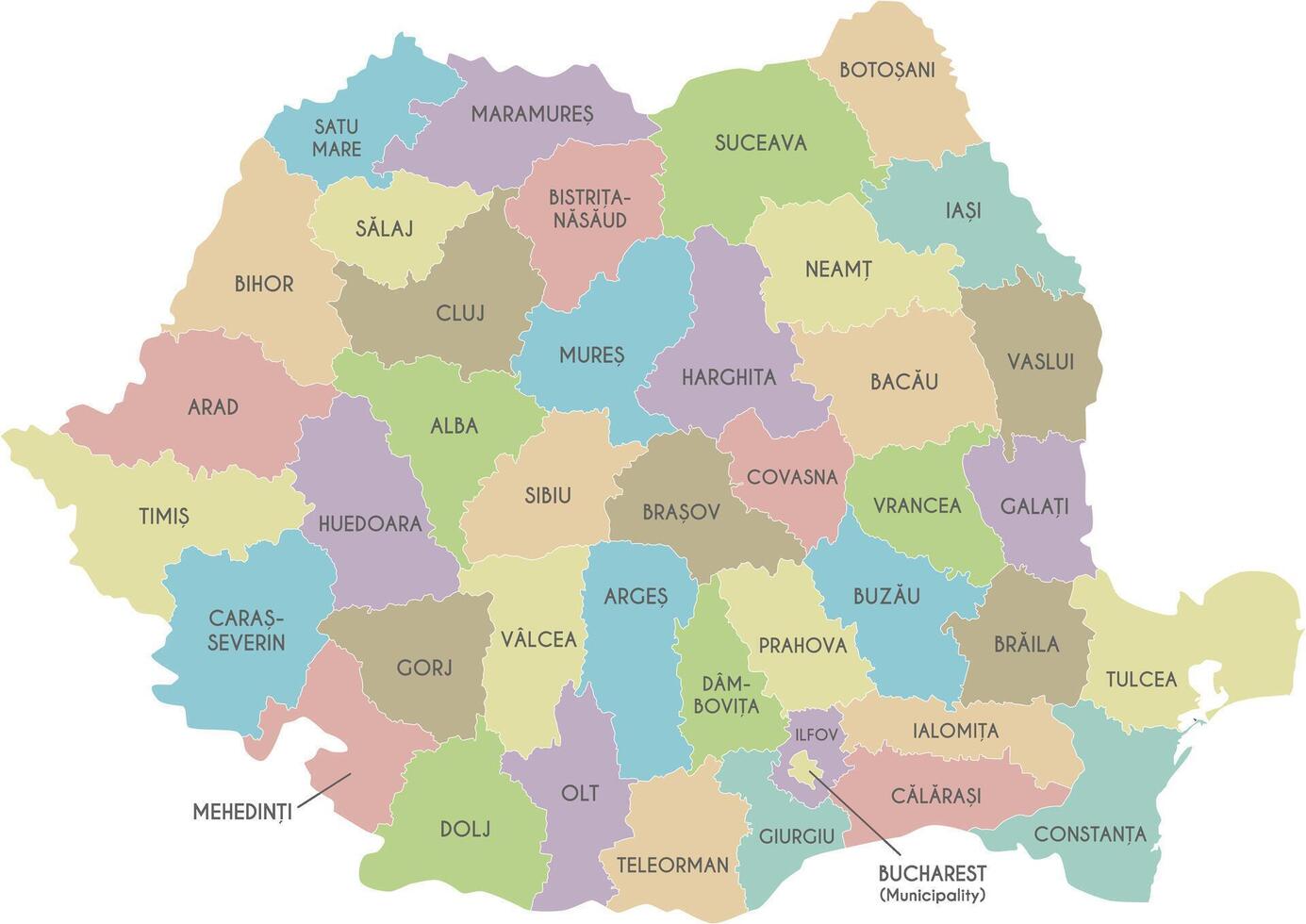 regional map of Romania with counties or territories and administrative divisions. Editable and clearly labeled layers. vector