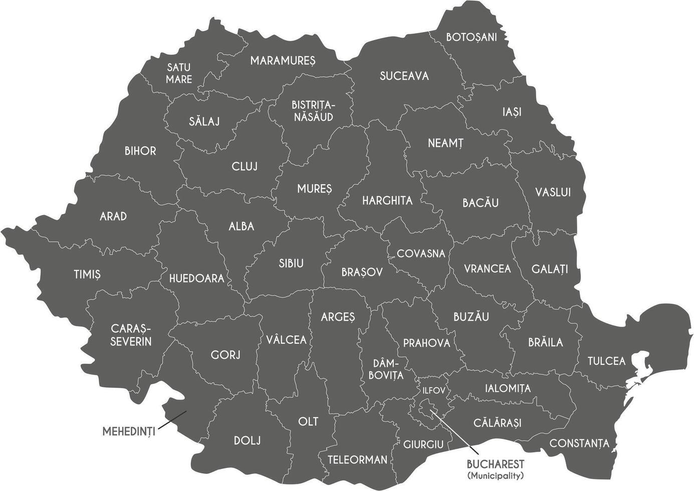 regional black and white map of Romania with counties or territories and administrative divisions. Editable and clearly labeled layers. vector