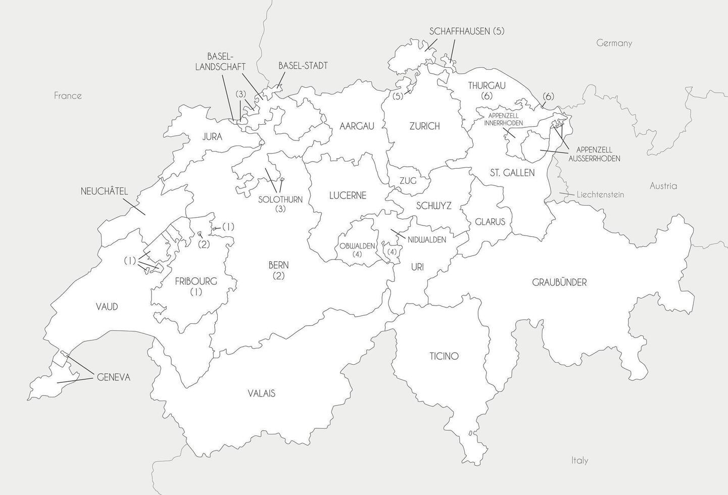 regional map of Switzerland with cantons and administrative divisions, and neighbouring countries and territories. Editable and clearly labeled layers. vector