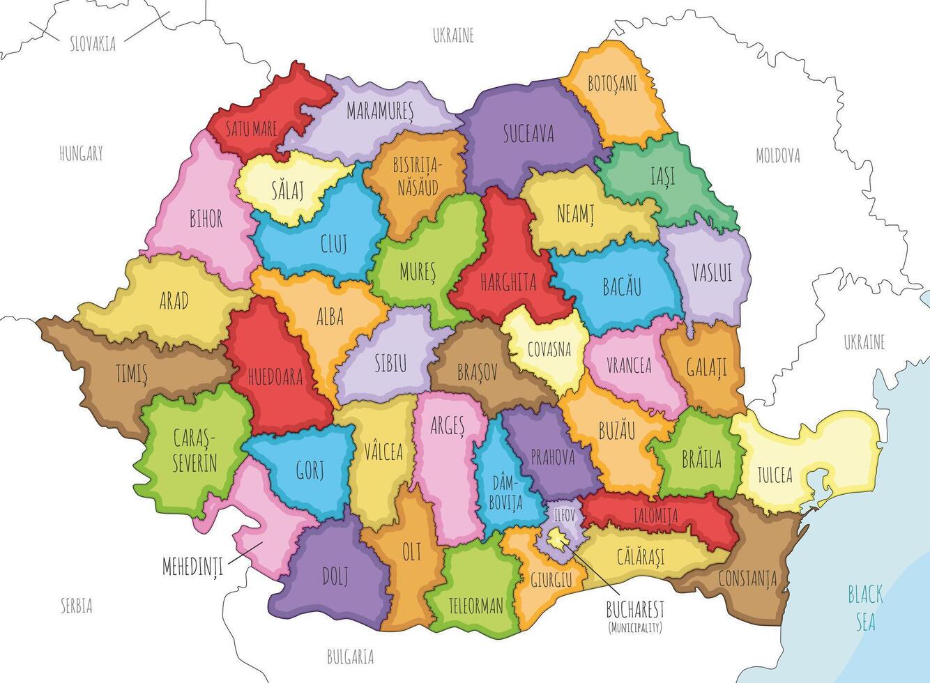 illustrated regional map of Romania with counties and administrative divisions, and neighbouring countries and territories. Editable and clearly labeled layers. vector