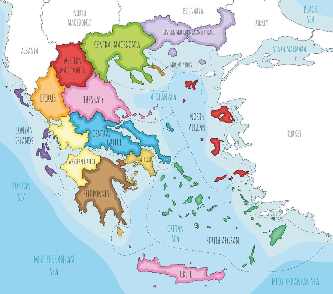 illustrated map of Greece with regions and administrative divisions, and neighbouring countries and territories. Editable and clearly labeled layers. vector