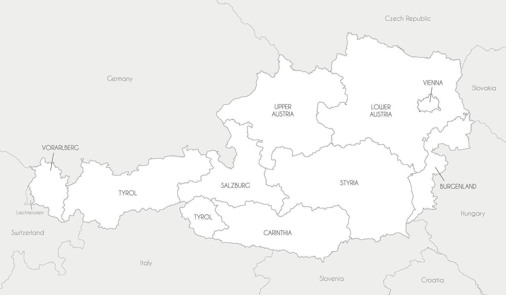 regional map of Austria with federal states and administrative divisions, and neighbouring countries and territories. Editable and clearly labeled layers. vector