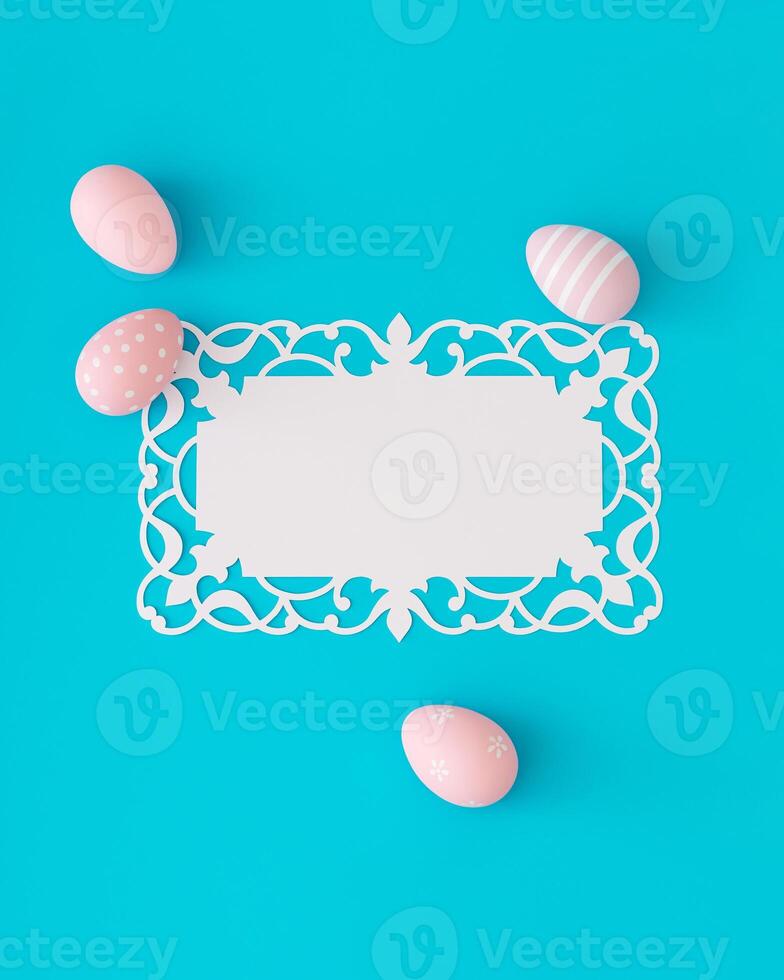 Pink colored eggs on light blue background with paper card note. Minimal Easter concept. Creative festive spring holiday layout. Easter aesthetic with unique copy space. Flat lay, top of view. photo