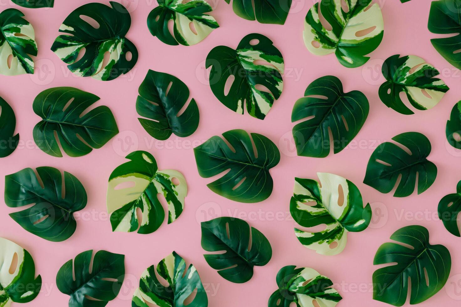 Trendy summer pattern made of green tropical leaves on light pink background. Minimal creative concept. Exotic backdrop flat lay image. Summer aesthetic. photo