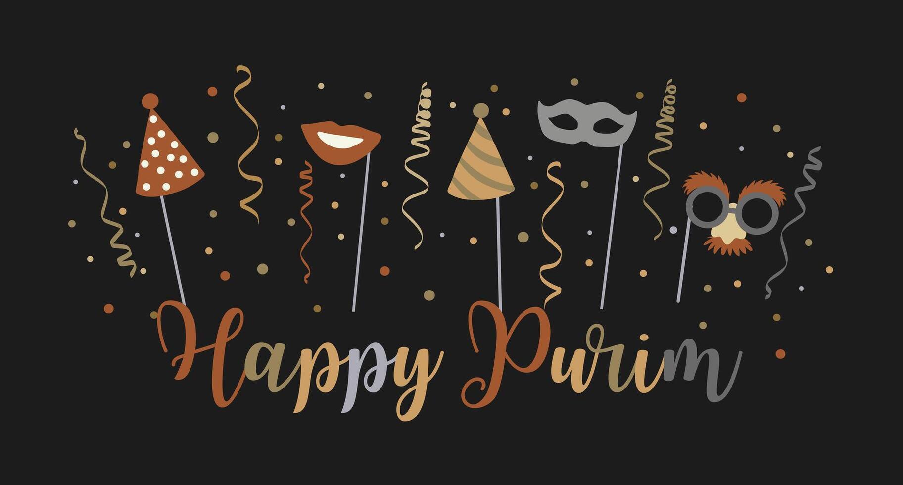 Banner for Jewish holiday Purim with masks and traditional props. Happy Purim wish, congratulations. vector
