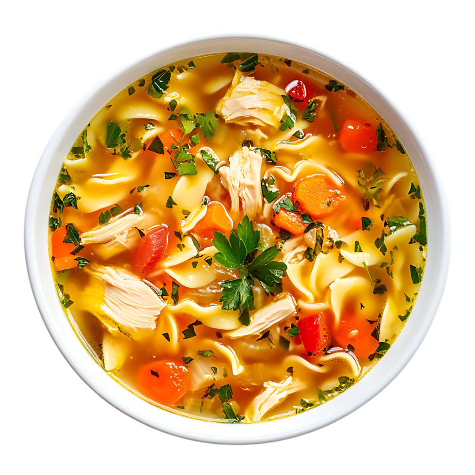 Chicken Noodle Soup over Transparent Background for Culinary, Comfort Food, or Recipe Design Projects png