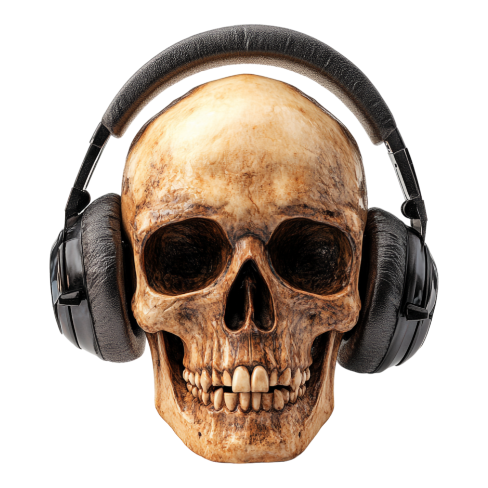The skull wearing headphones set against a transparent background png