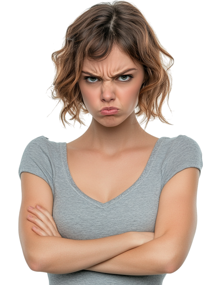 Angry Displeased Woman with Crossed Arms over transparent background for Negative Feedback or Conflict png