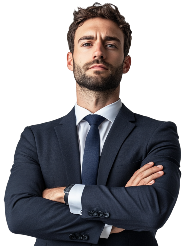 Businessman Thinking Crossed Arms Strategic Planning Isolated Against a Transparent Background png