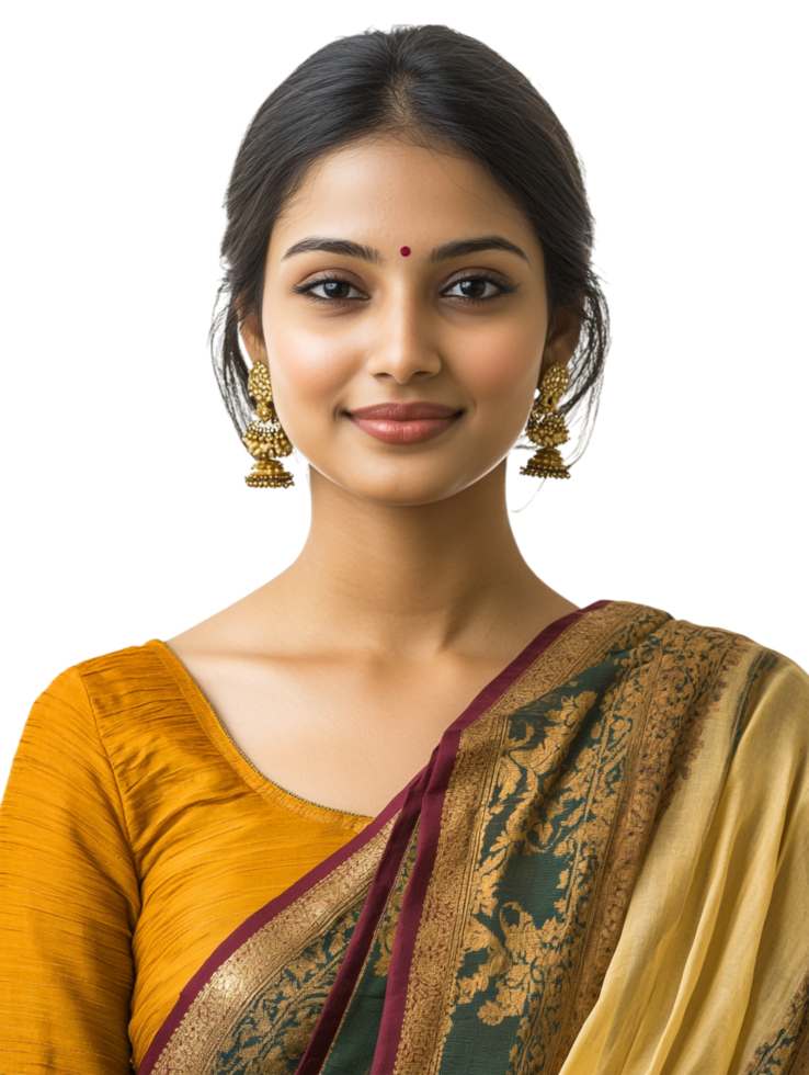 Indian woman dressed in traditional sari against transparent background for cultural studies, fashion portfolios, or promotional materials png