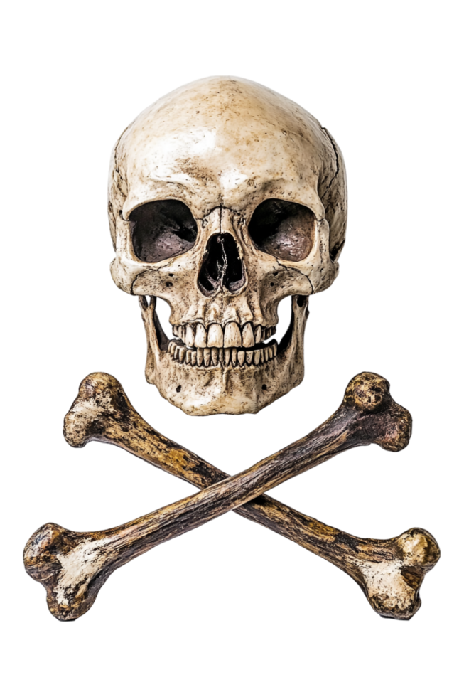 The pirate skeleton with skull and crossbones is set against a transparent background png