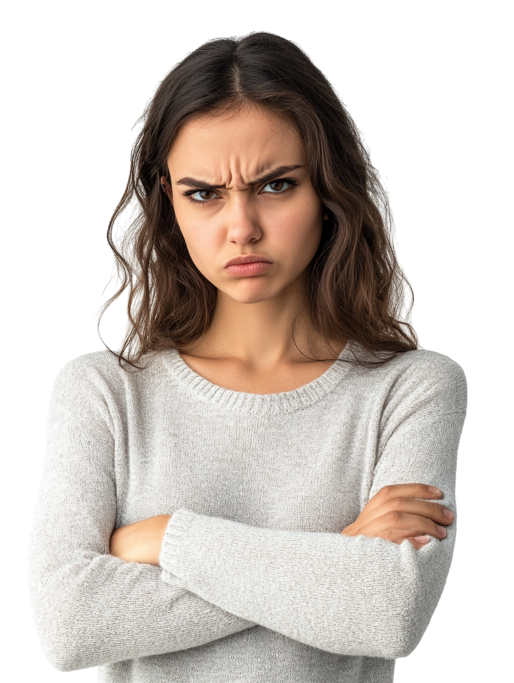 Angry Displeased Woman with Crossed Arms against transparent background for Negative Feedback Conflict png