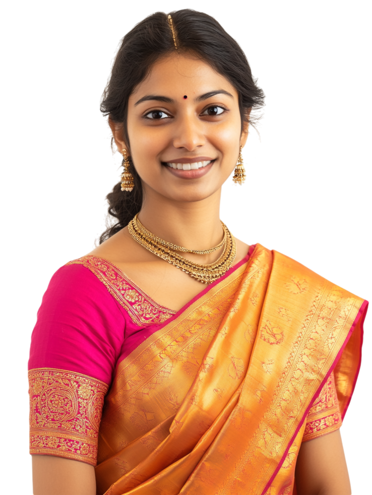 Indian woman smiling wearing traditional sari against transparent background for cultural representations, fashion projects, or promotional content png