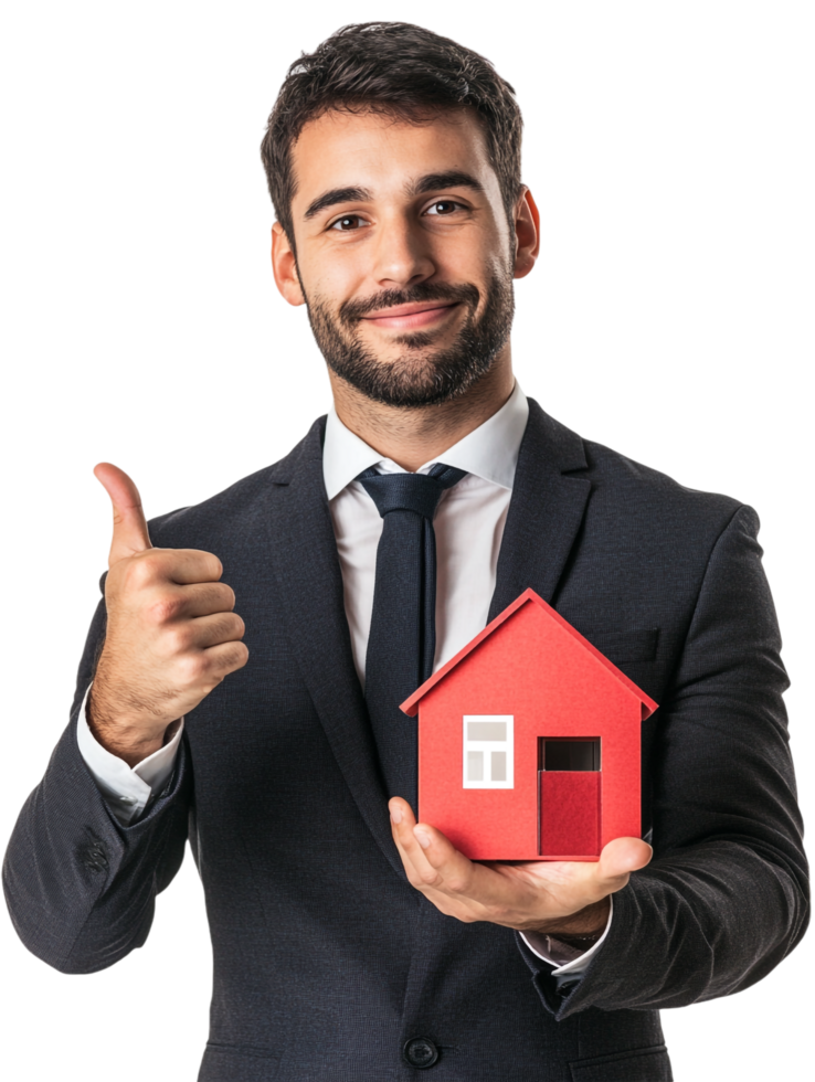 Real estate agent holding house in one hand and giving a thumbs up with the other against transparent background png