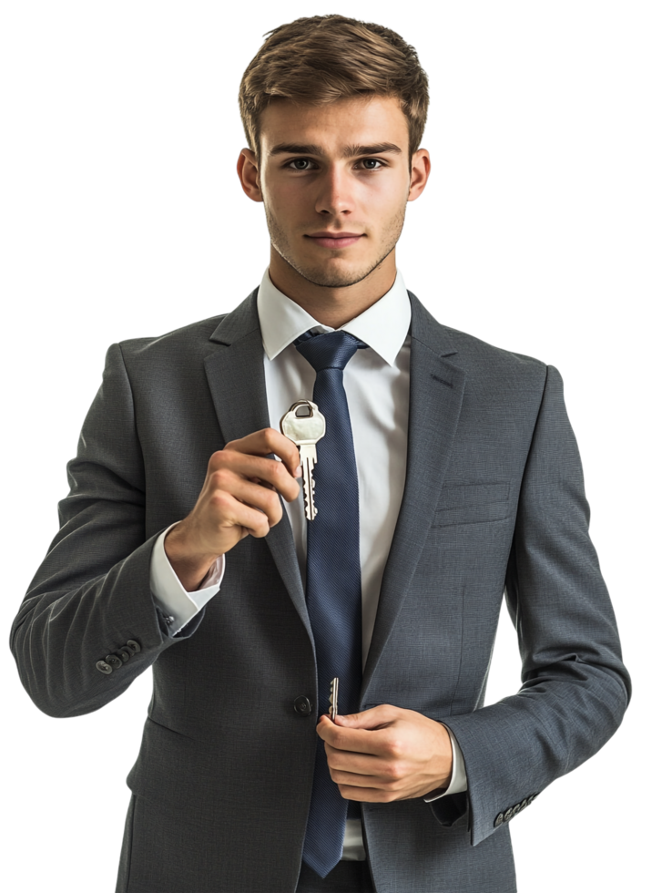 Real estate agent holding key against transparent background real estate and security-related contexts png