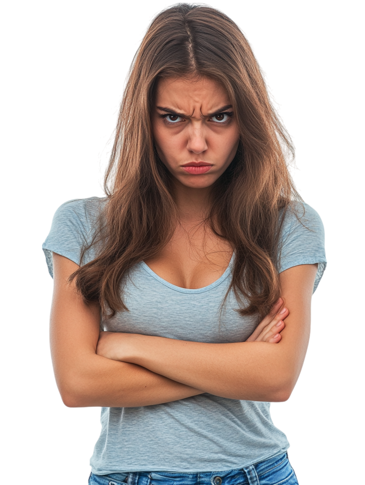 Angry Displeased Woman Crossed Arms against transparent background for Negative Feedback or Conflict png