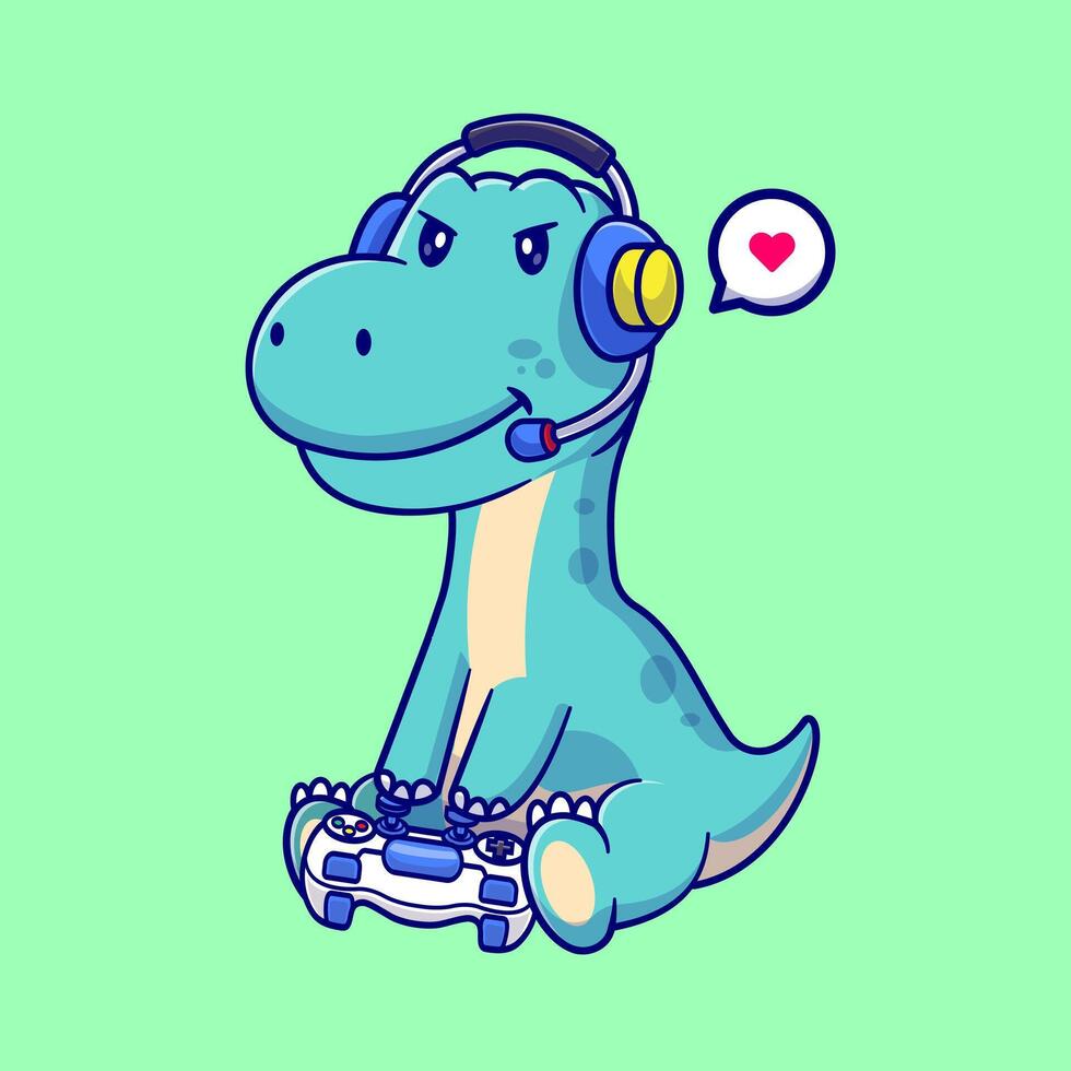 Cute Dinosaur Playing Game With Controller And Headphone Cartoon vector