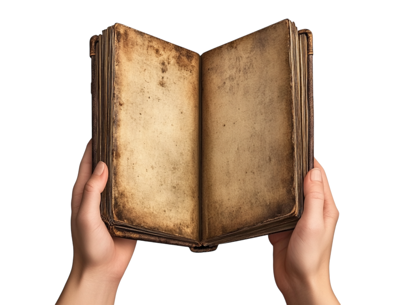 Hand holding an open antique book over transparent background for historical or literary themes, book presentations, or vintage design concepts png