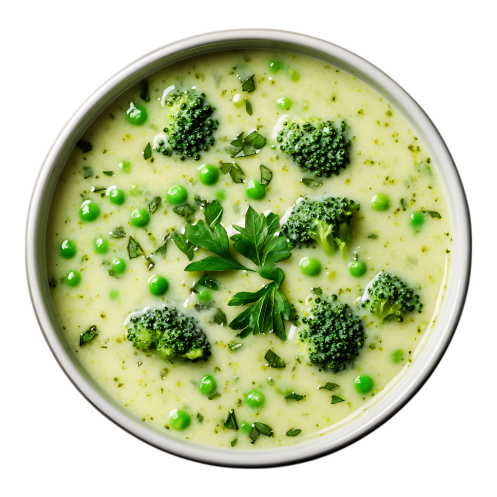 Creamy Broccoli and Pea Soup Against Transparent Background for Culinary, Health, or Restaurant Branding Projects png