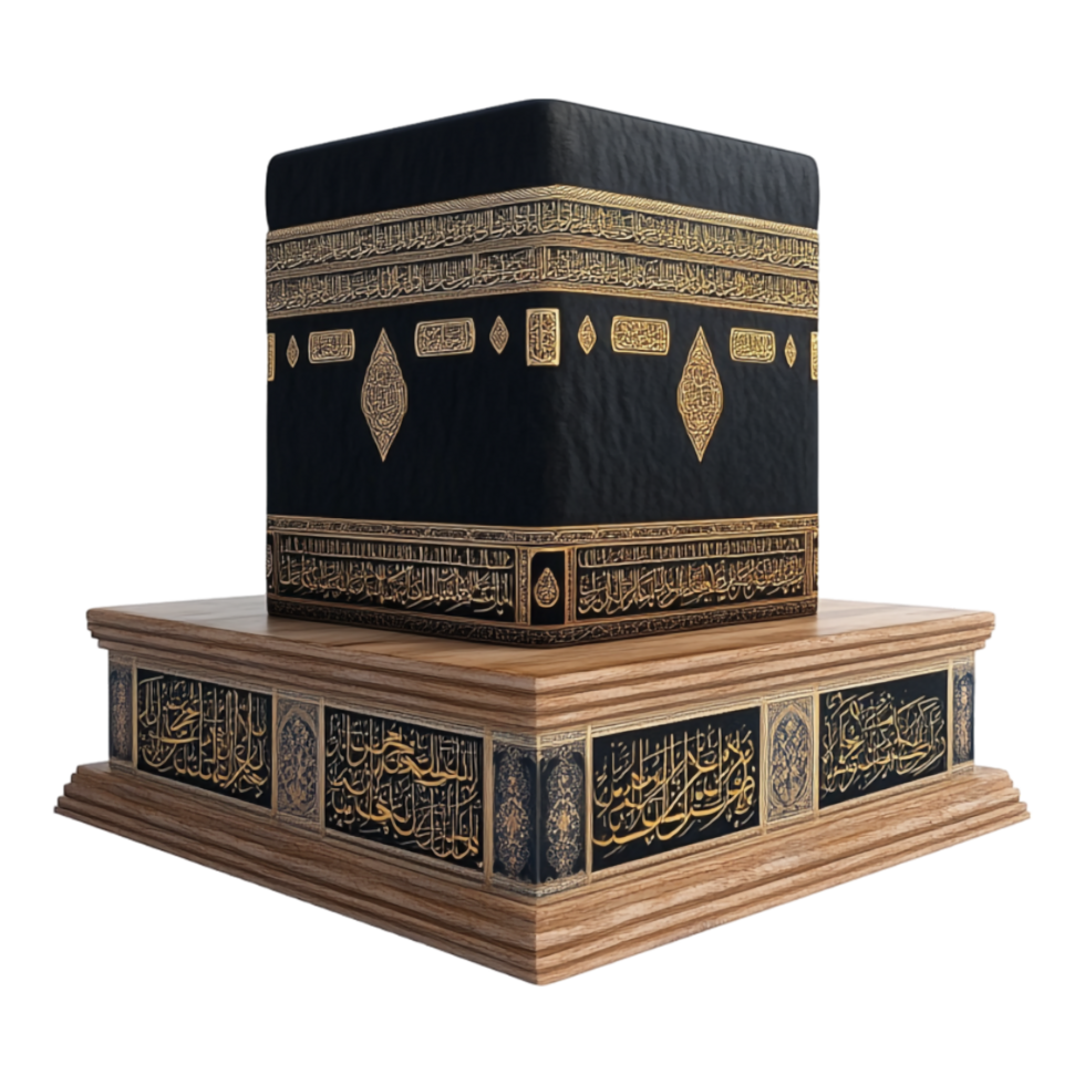 small model of the Holy Kaaba placed on a wooden platform against transparent background png