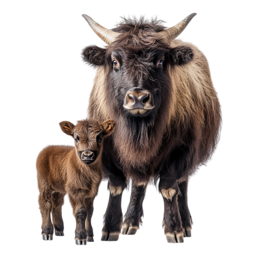 Yak with its calf against transparent background for wildlife documentaries, nature conservation projects, or educational materials png